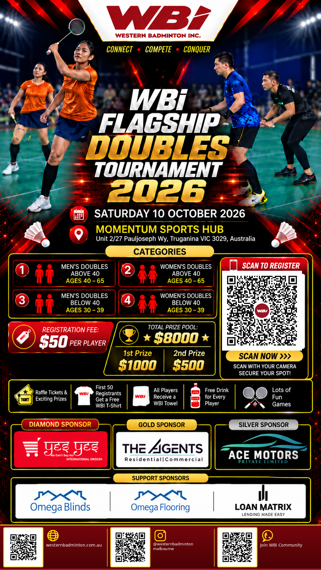 WBi Flagship Doubles Tournament 2026 poster with registration details, prizes, sponsors and website, Instagram and community QR codes